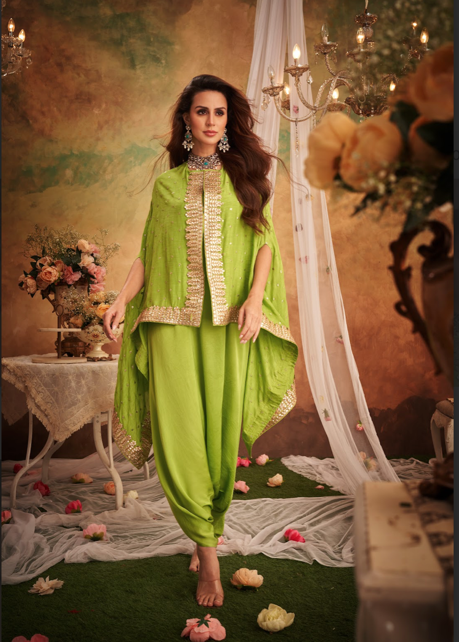 Green Georgette Silk Sequins Embroidered Jacket Set