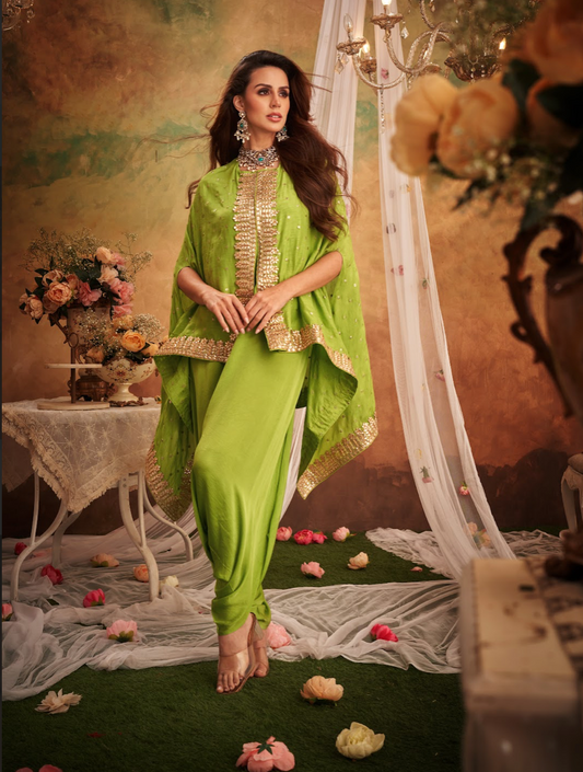 Green Georgette Silk Sequins Embroidered Jacket Set