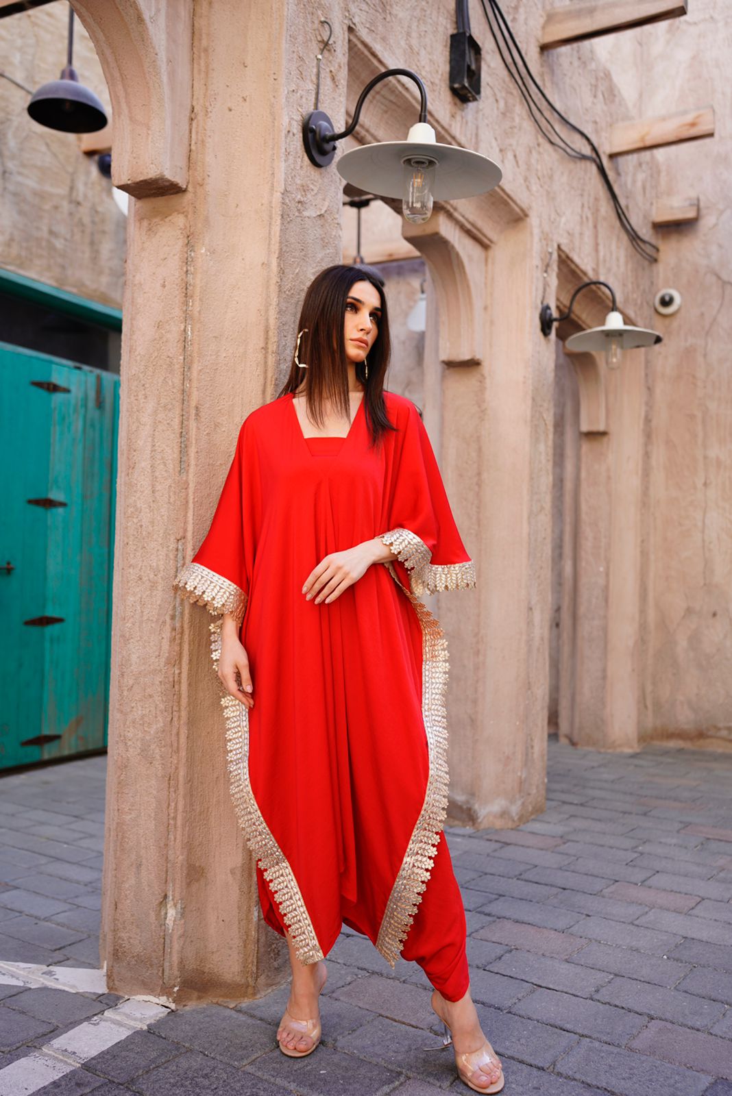 Image of RED KAFTAN TOP WITH OFF SHOULDER JUMPSUIT. From  savoirfashions.com