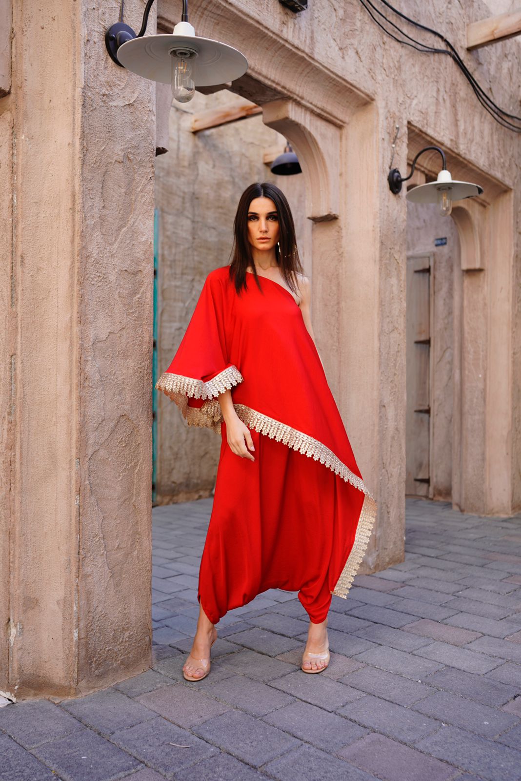 Image of RED & GOLD ONE SHOULDER TOP WITH JUMPSUIT. From savoirfashions.com