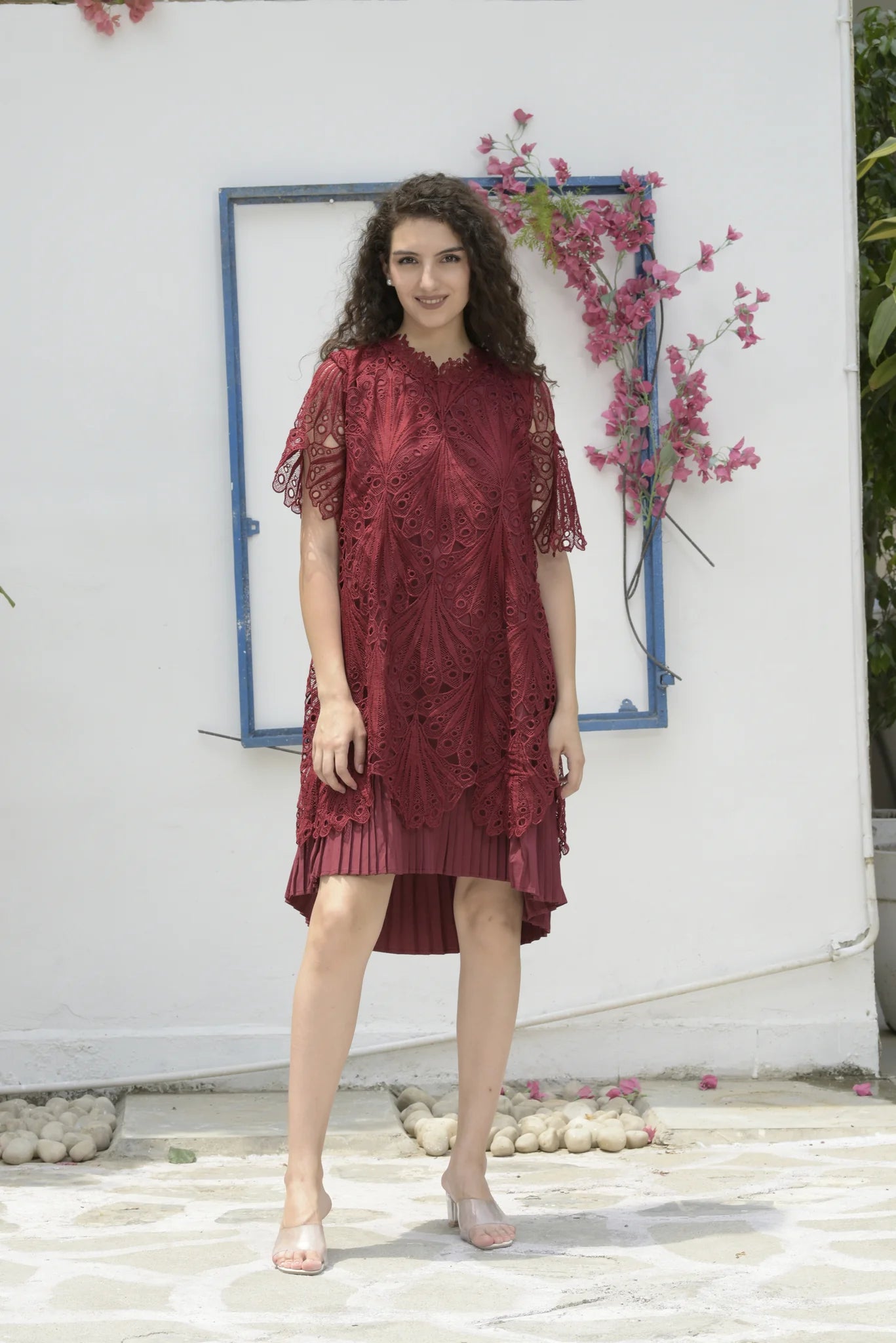 Image of Dazzle at your special event in the sensational MYRA Mesh Daylily Lace Dress! Crafted with exquisite lace detailing, this maroon stunner is guaranteed to make heads turn. With lightweight comfort and an elegant silhouette, you'll love the luxurious look and feel. So go ahead, make your grand entrance!  From savoirfashions.com