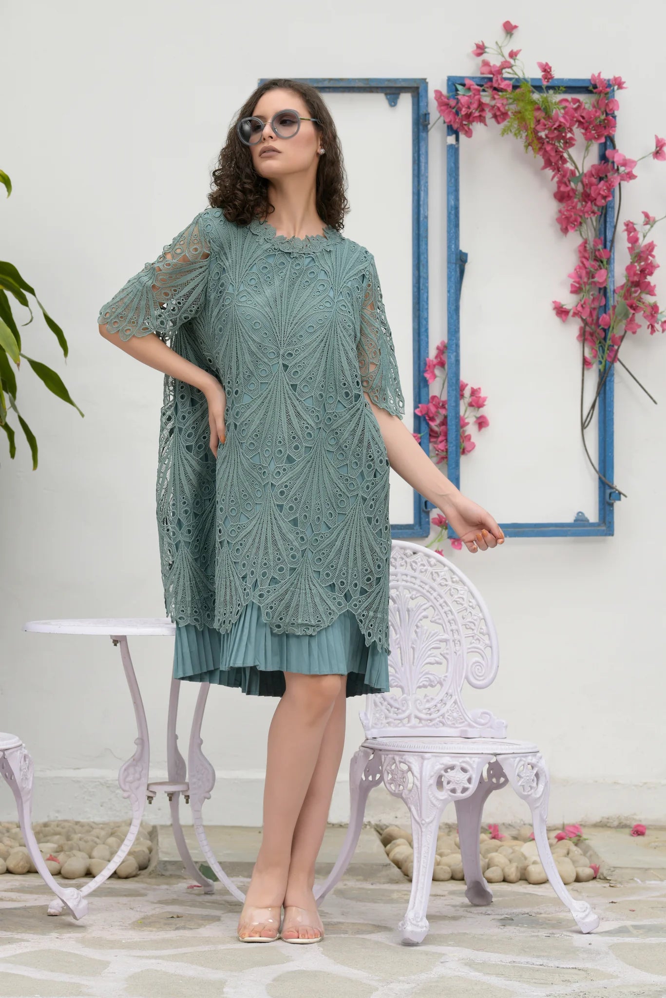 Image of Flaunt your new MYRA MESH DAY LILY LACE DRESS- SOFT GREEN for the perfect daytime look. This fashionable brunch collection dress features delicate mesh lace perfect for a chic and timeless statement. Let this timeless style take you from day to night without missing a beat!  From savoirfashions.com