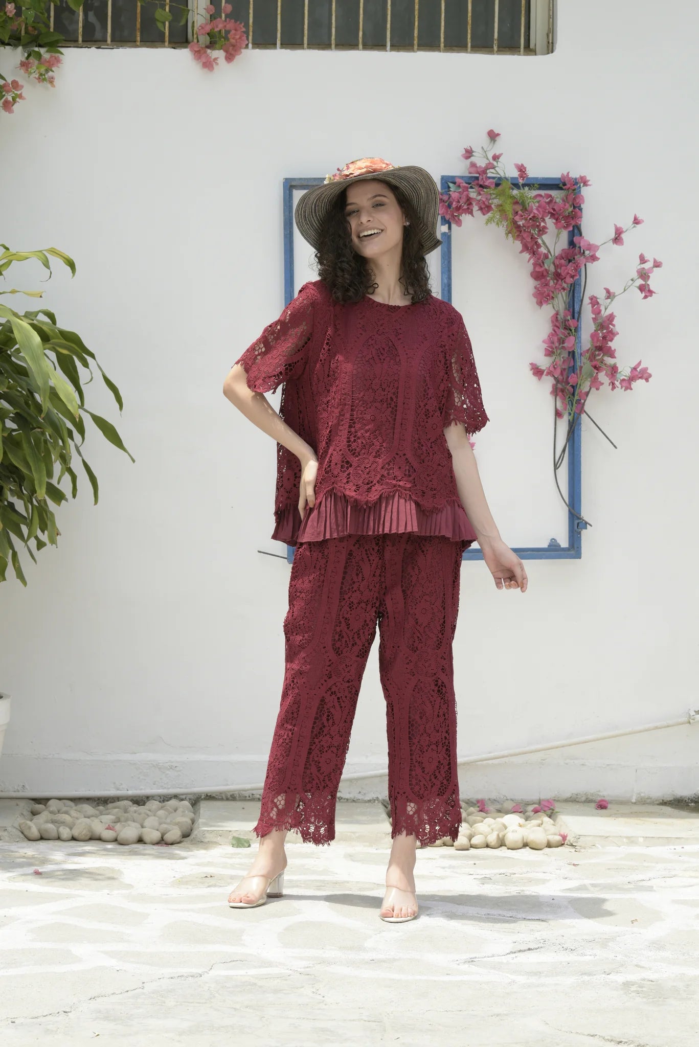 Image of Stand out from the crowd in this captivating MYRA Mesh Cross Back Co-Ord Set, featuring a stylish maroon hue. The bold look and lightweight fabric will make the perfect statement for any occasion. Dare to be different and make heads turn!  From savoirfashions.com