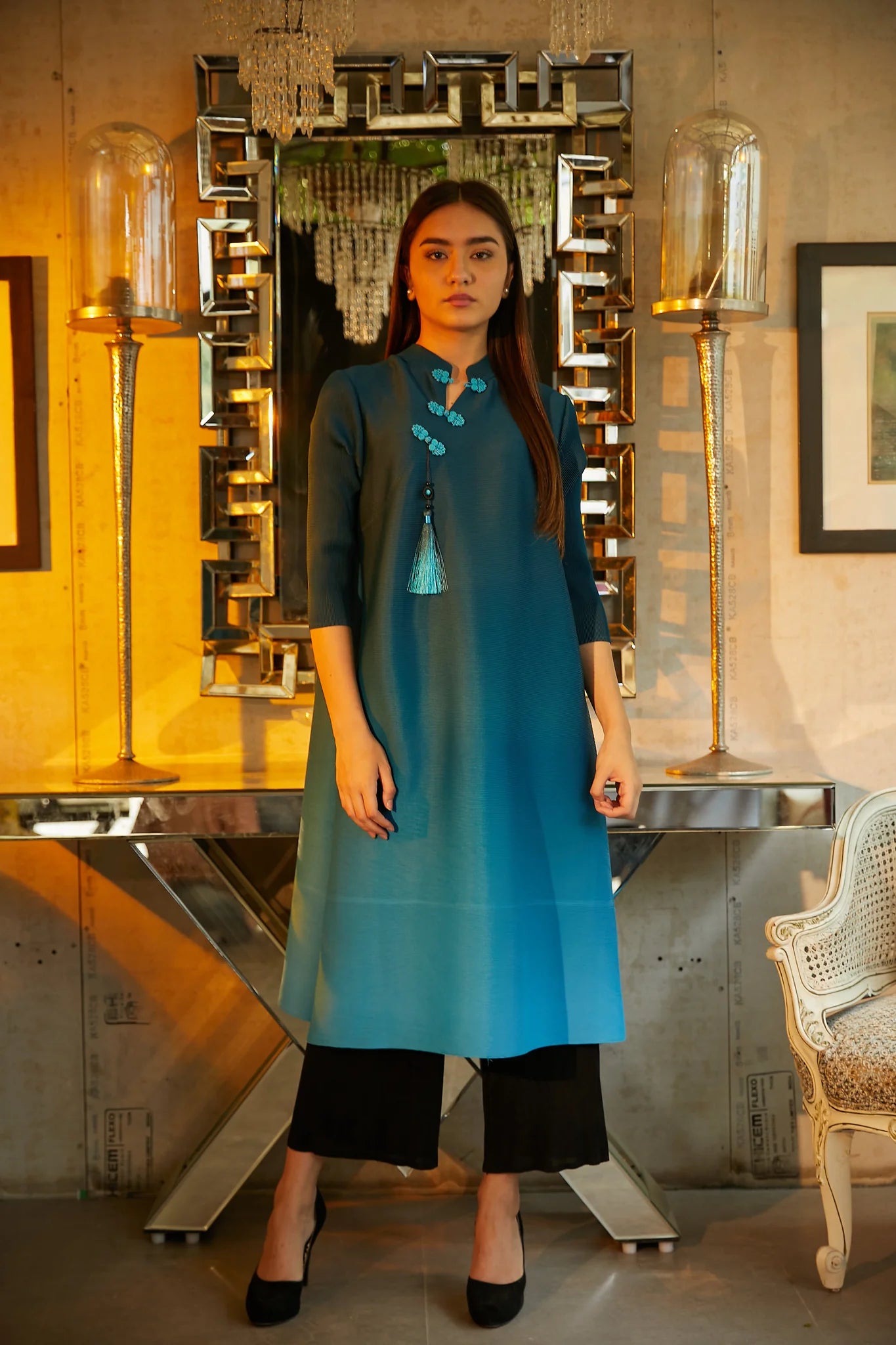 Image of This OMBRE TACY TASSEL TUNIC SET is the perfect blend of fashion and comfort! Crafted of lovely teal fabric, this two-piece set is sure to make a statement. Transform your style with this flattering and fun outfit - perfect for a day out or lounging around in style!  From savoirfashions.com