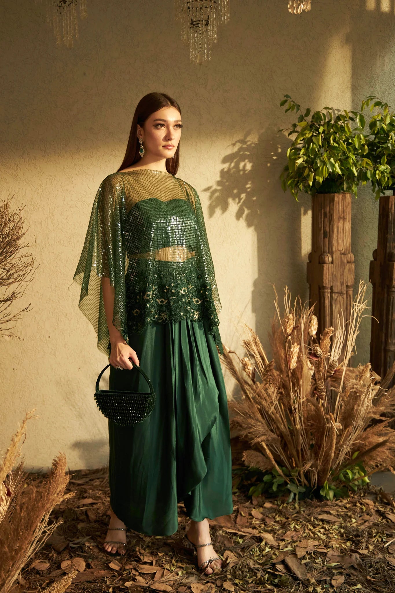 Image of SARAH SEQUINS CAPE WITH ORGANZA DHOTI SKIRT- GREEN