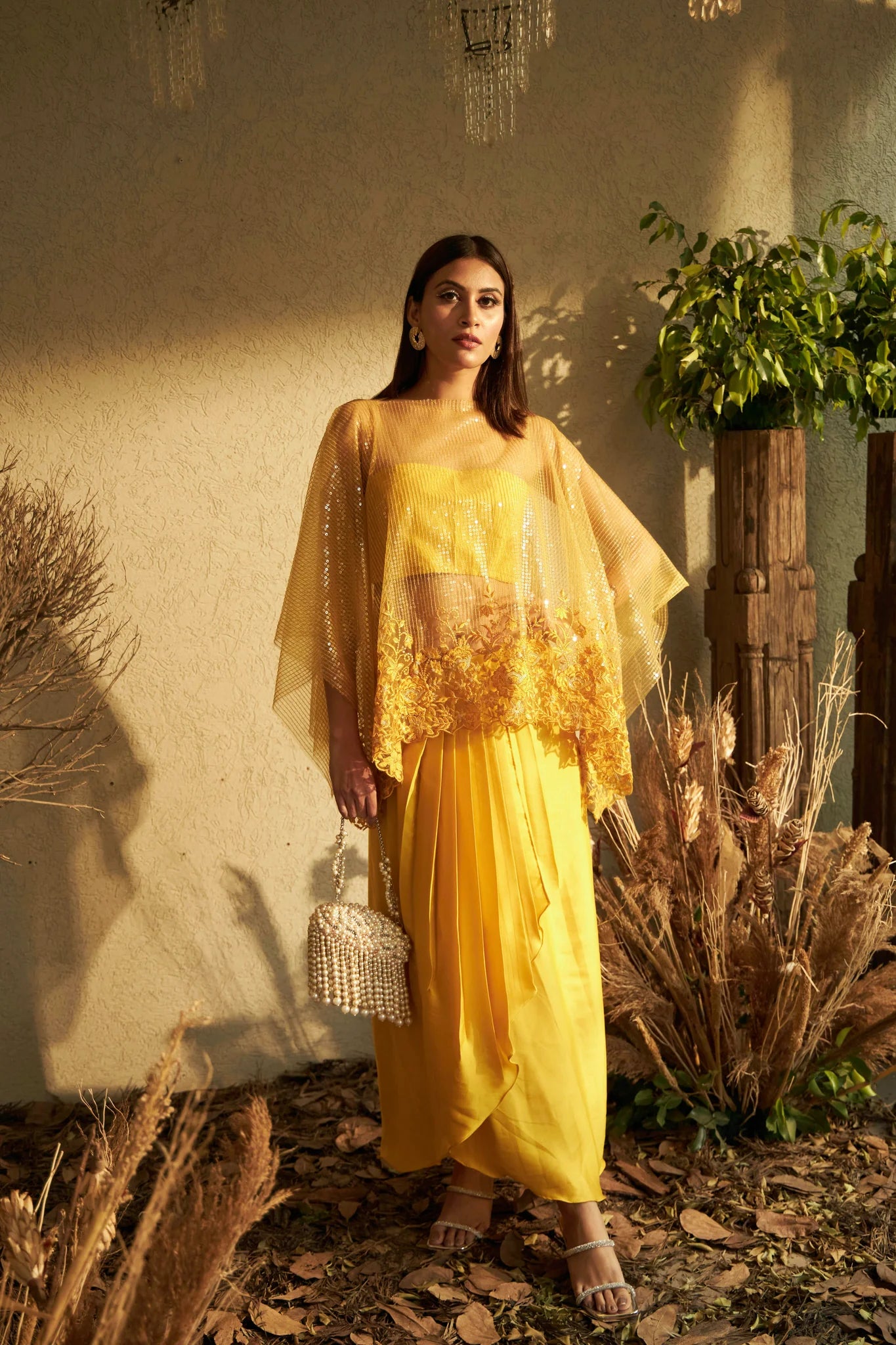 Image of SARAH SEQUINS CAPE WITH ORGANZA DHOTI SKIRT- YELLOW