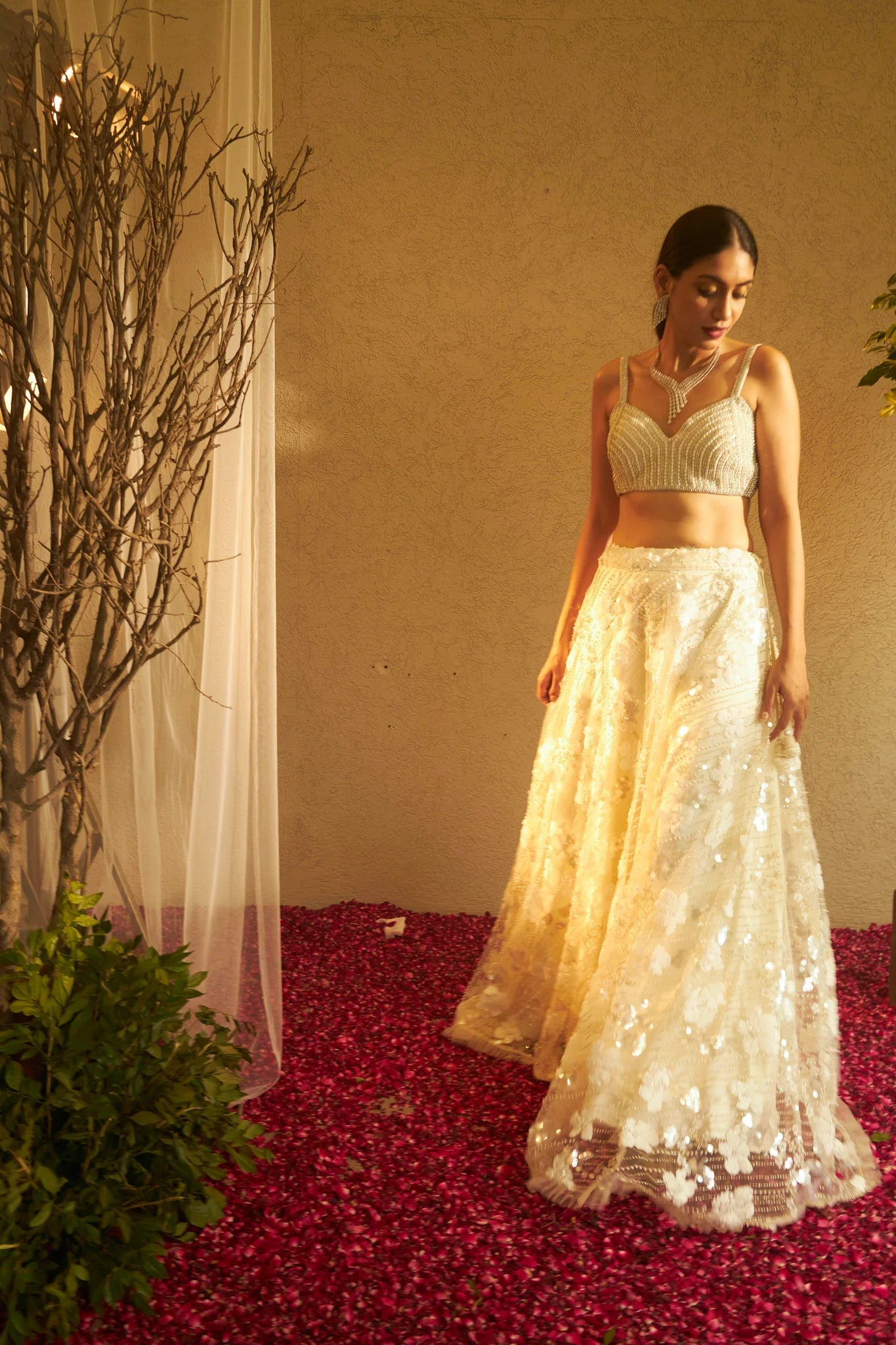 Image of BELLA BEADS AND SEQUENCE LEHENGA WITH CROP TOP - FAWN