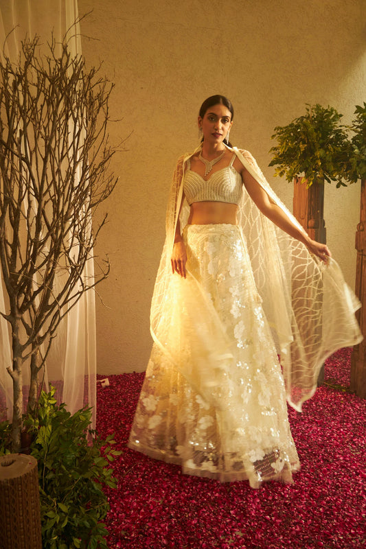 Image of BELLA BEADS AND SEQUENCE LEHENGA WITH CROP TOP - FAWN