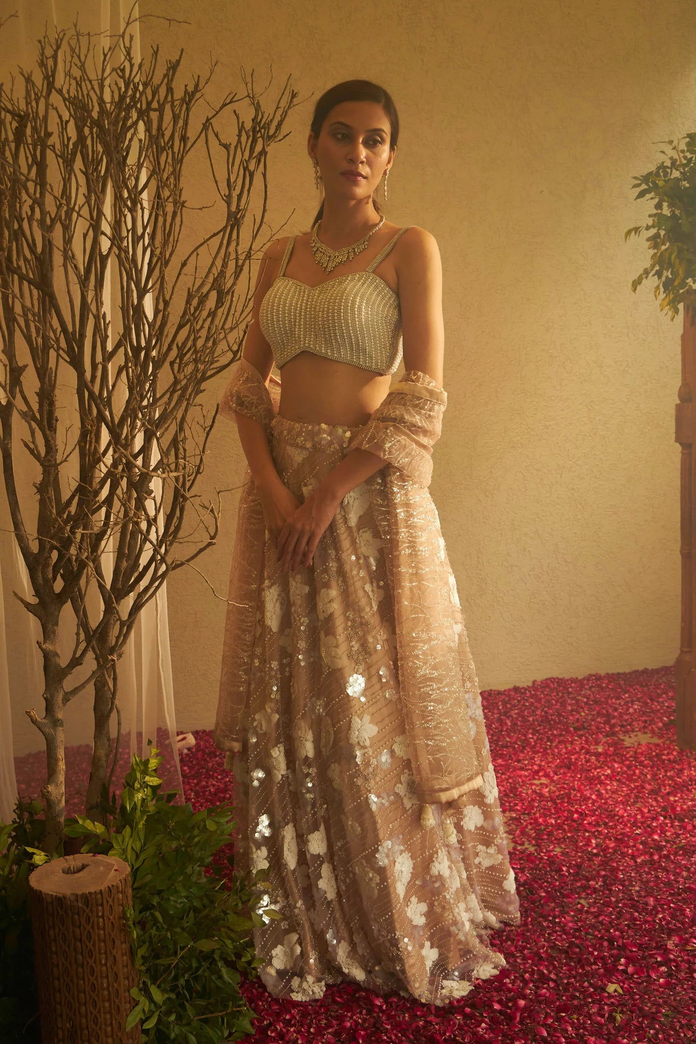 Image of BELLA BEADS AND SEQUENCE LEHENGA WITH CROP TOP - TUSCAN