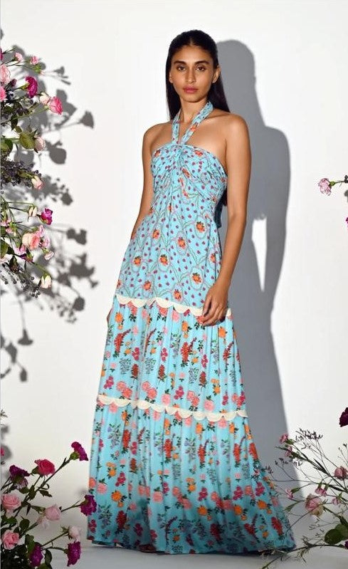 Image of SKY BLUE ROSE GARLAND AND MULTI FLORAL STRIPE PRINT BANDEAU HALTER MAXI. From savoirfashions.com 