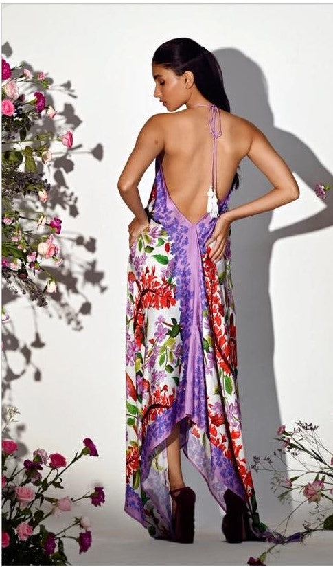 Image of WHITE LINEAR LAVENDER SCARF GOA HANDKERCHIEF DRESS. From savoirfashions.com