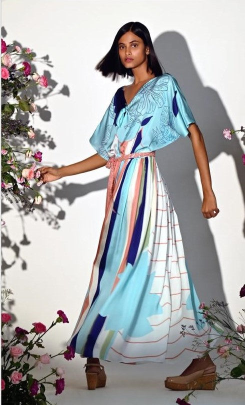 Image of PASTEL LOTUS STRIPE MONO PANEL PRINT DRAPED KNOTTED JUMPSUIT. From savoirfashions.com