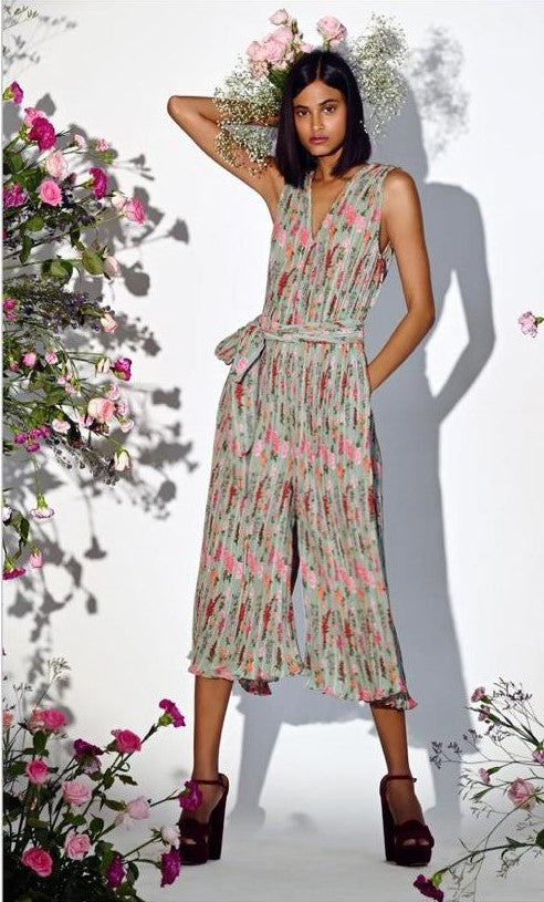 Image of SAGA GREEN MULTI FLORAL STRIPE PRINT BELTED PLUNGE NECK JUMPSUIT. From savoirfashions.com