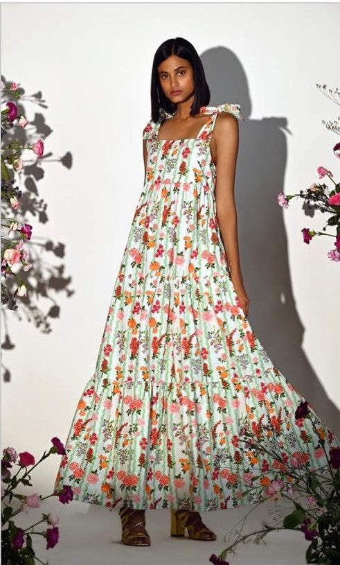 Image of WHITE MULTI FLORAL STRIPE PRINT TIE UP TIERED MAXI. From savoirfashions.com