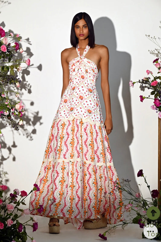 Image of WHITE ROSE GARLAND AND FLORAL RIBBON STRIPE PRINT BANDEAU HALTER MAXI. From savoirfashions.com