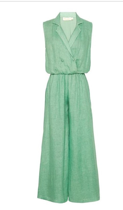 Image of SAGA GREEN IN LINE DOUBLE BREASTED JUMPSUIT. From savoirfashions.com